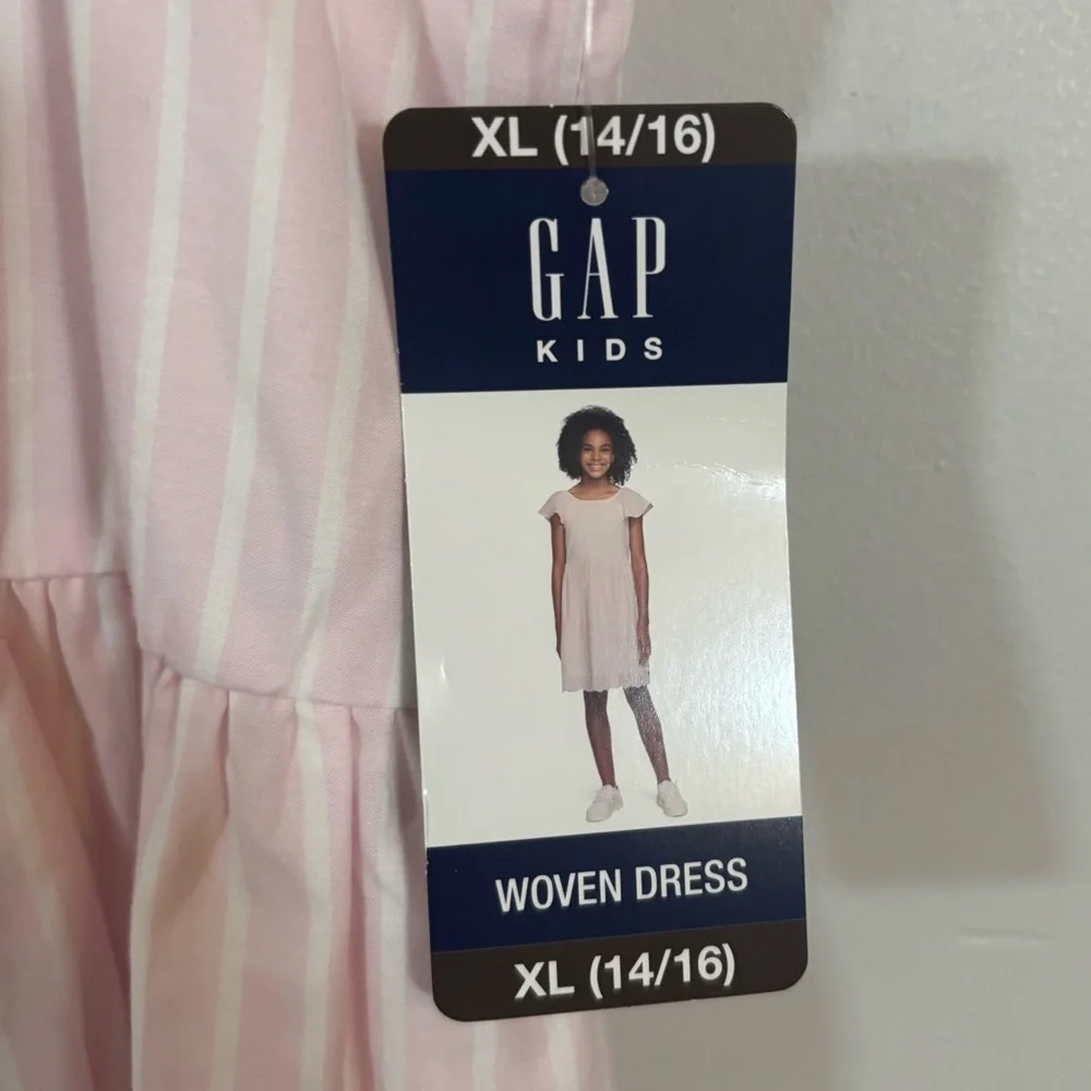 GAP Kids Pink Striped Woven Dress XL (14/16) Flutter Sleeves Eyelet Hem NWT